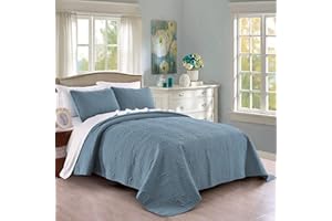 PURE BEDDING Quilt Set King/Cal King/California King Size Ash Blue - Oversized Bedspread - Soft Microfiber Lightweight Coverlet for All Season - 3 Piece Includes 1 Quilt and 2 Shams, Geometric Pattern