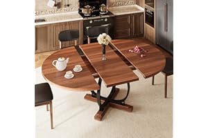 IPORMIS Pormis 59'' Extendable Round Dining Table for 4 to 6, Kitchen Table with Sturdy X-Base Metal Legs, MDF Board with Backboard Clasp, Space Saving, Easy Assembly, Kitchen, Dining Room, Walnut