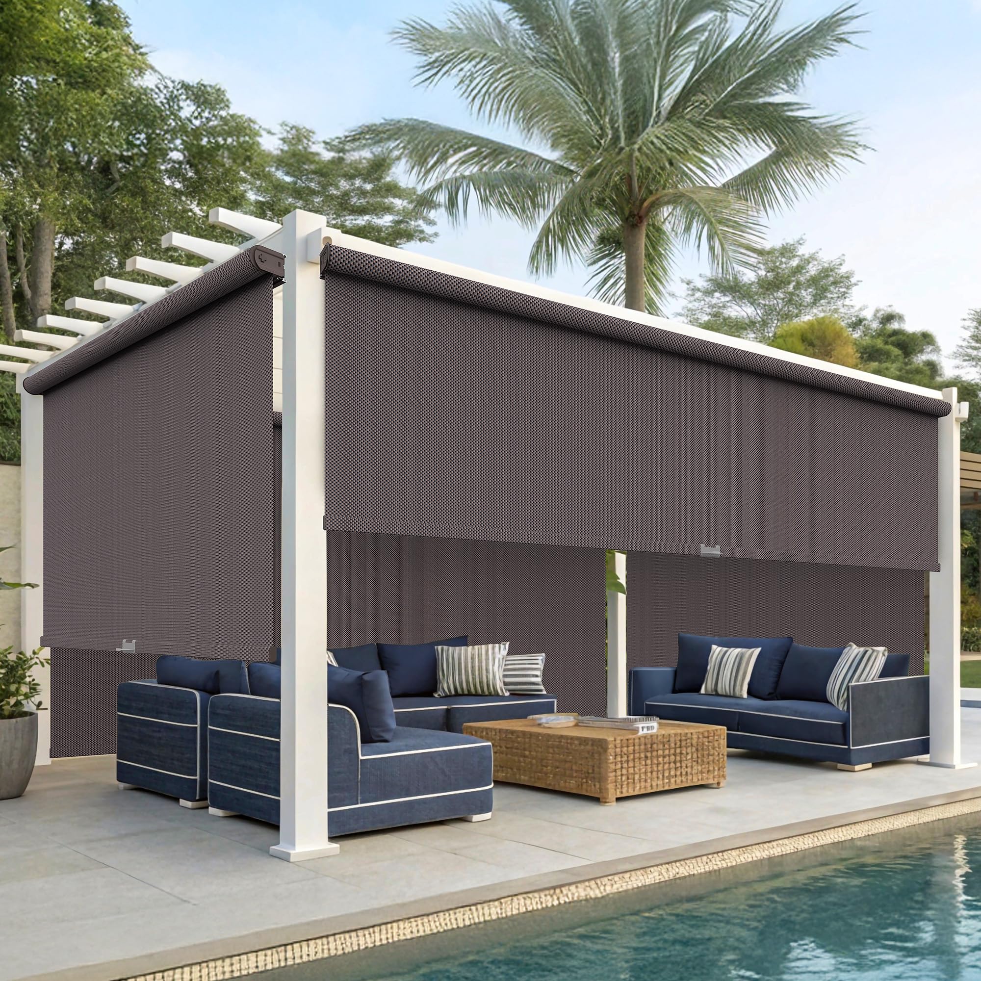 Photo 1 of Wisteria Lane Outdoor Roller Shade with Two Operation Mode(No Need Crank), (10'W X 8'H) 420GSM New Material Outdoor Patio Blinds with 95% UV Protection,Patio Shade for Shading,Privacy Protection,Brown