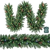 Christmas Garland 9ft with 70 Muticolor and Warm Led, 330 Tips Prelit Fraser Fir Xmas Garland with 70 LED Lights, Lush and Classics Green Style with Pine Cone for Indoor Outdoor Home Decoration