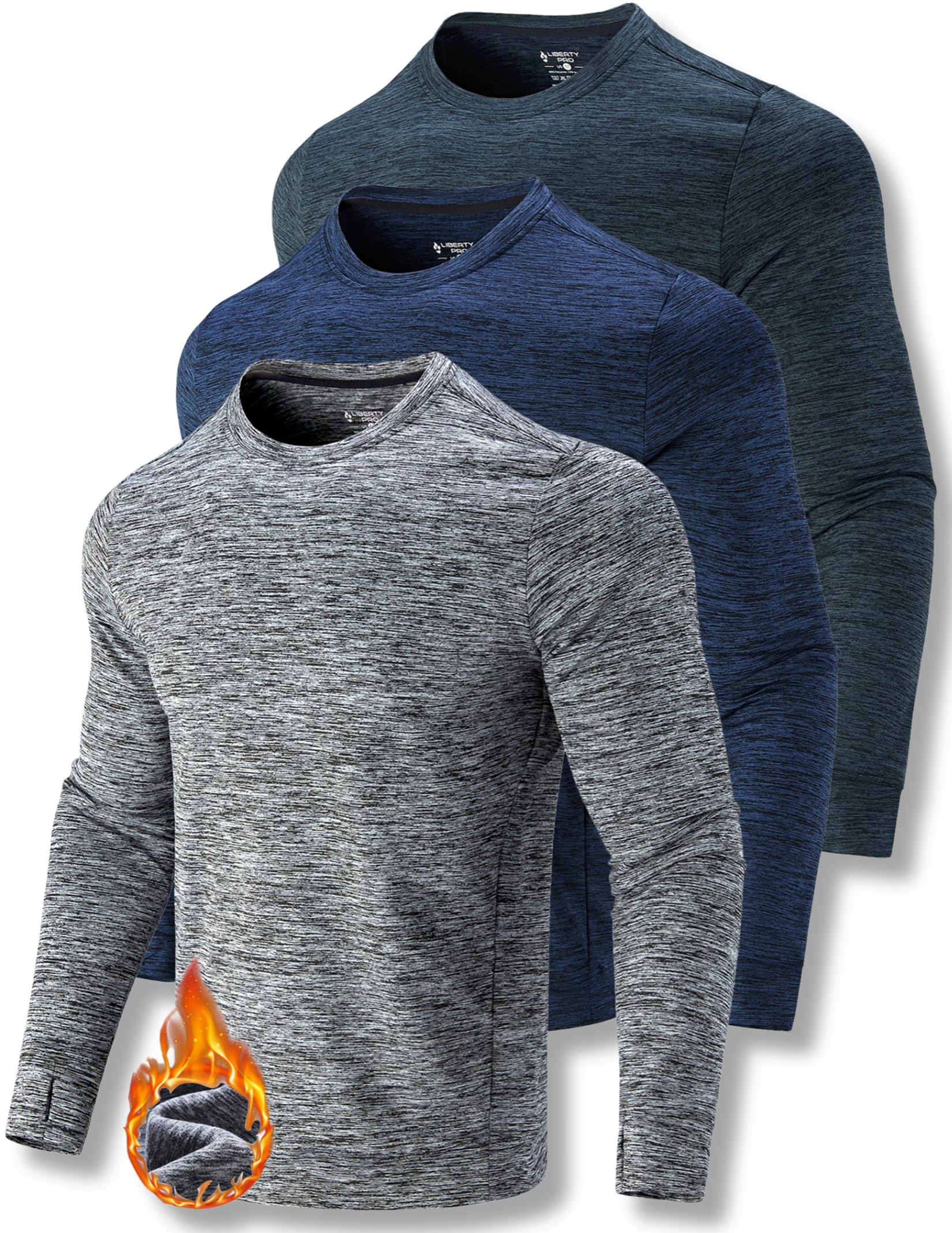 Photo 1 of 3-Pack Thermal Fleece Active Long Sleeve Shirts for Men, Athletic Crewneck Pullover Sweatshirts (Set 1, X-Large)