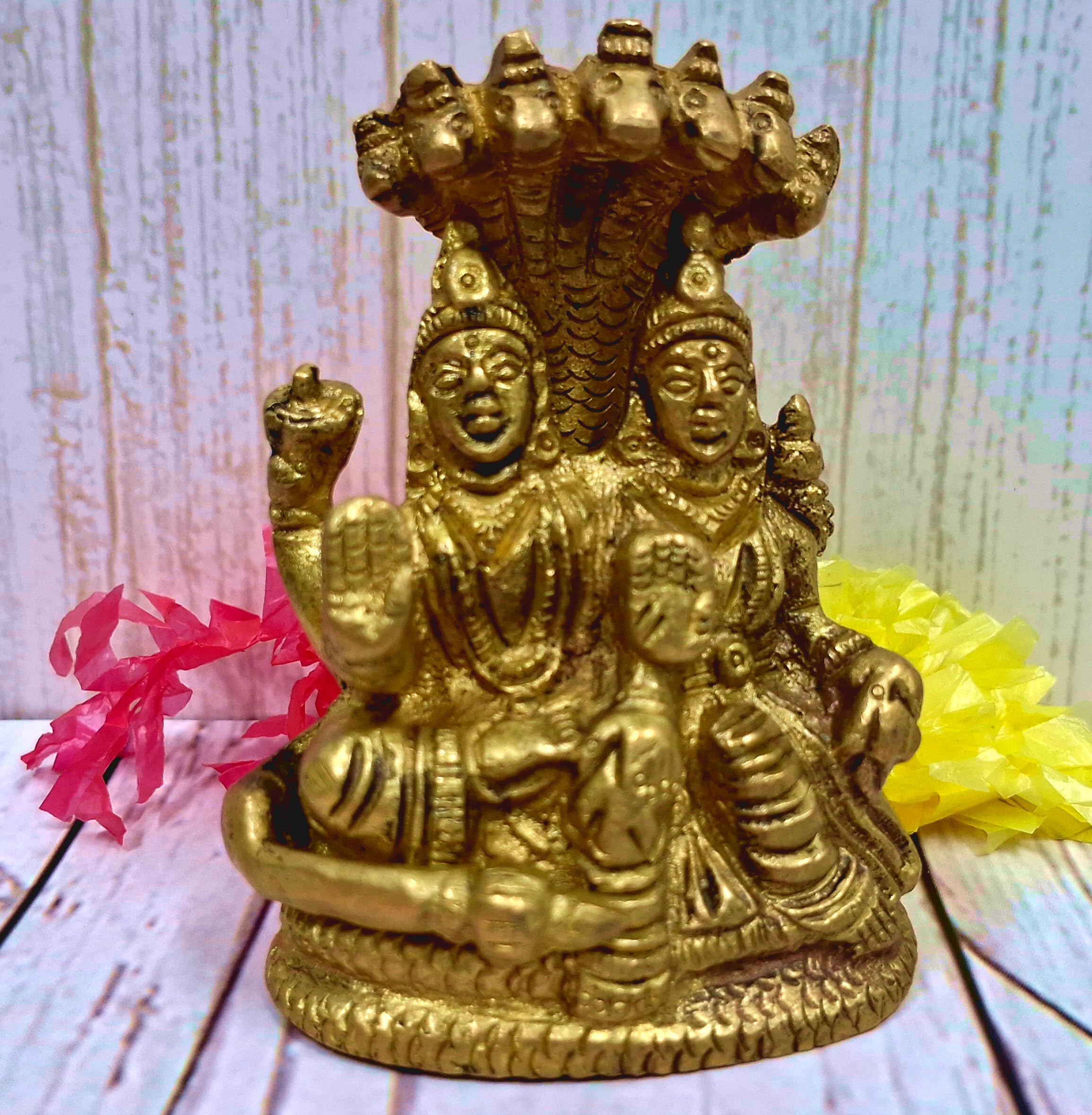 Purpledip Brass Idol Vishnu-Lakshmi (Laxminarayana): Collectible Statue For Home Temple (12435)