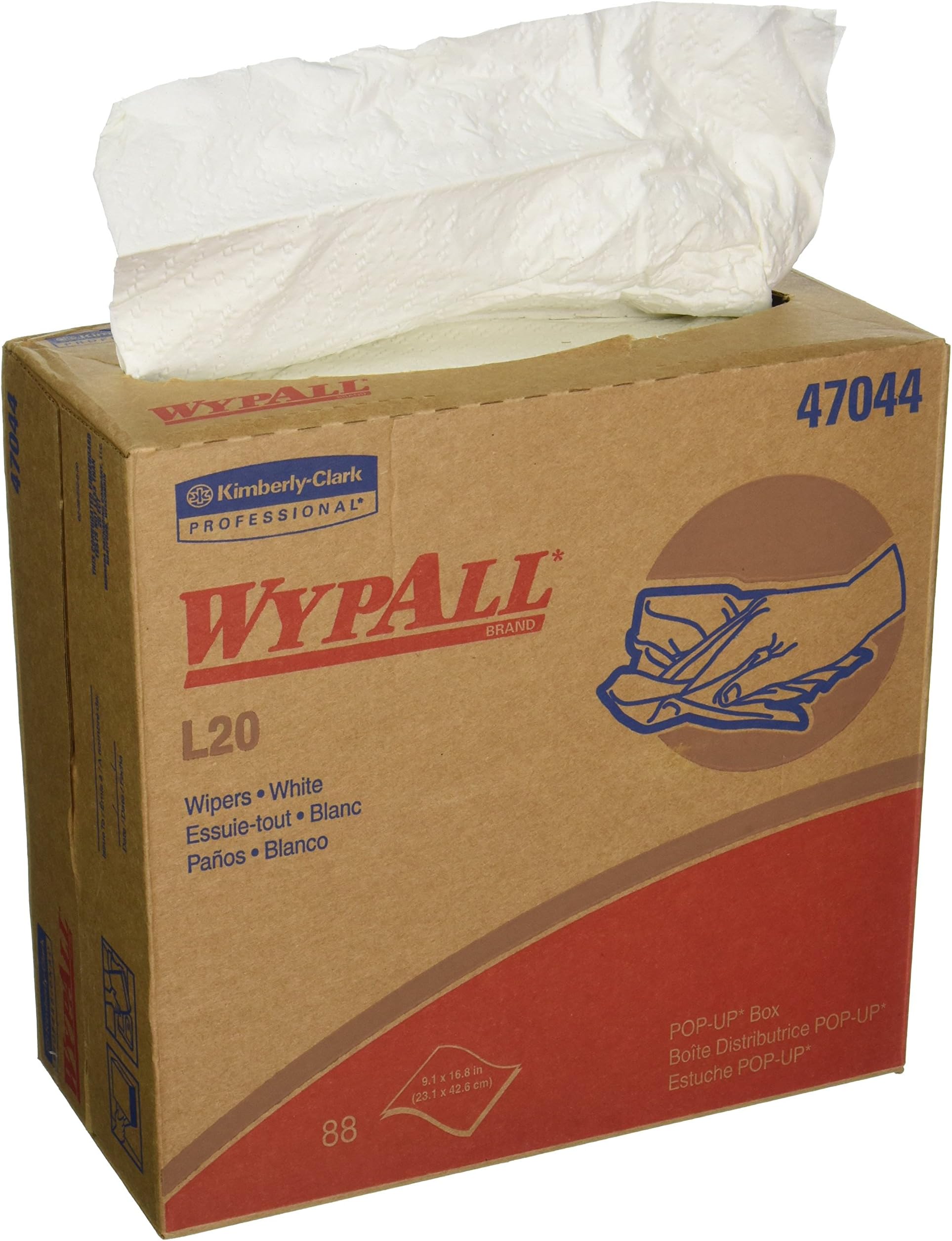 Kimberly Clark Safety 47044 White WYPALL L20 Wipers, Pop-Up Box, 9.1" x 16.8" (Pack of 88)