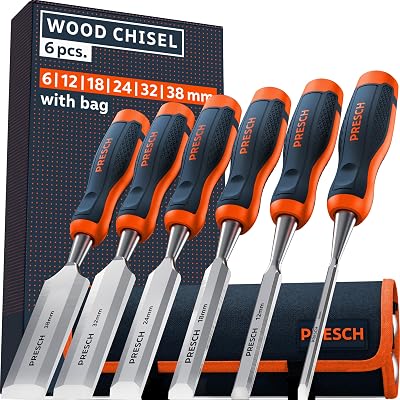 PRESCH Wood Chisel Set 6pc 6-38mm Professional Sharpened Striking Cap 25° Angle