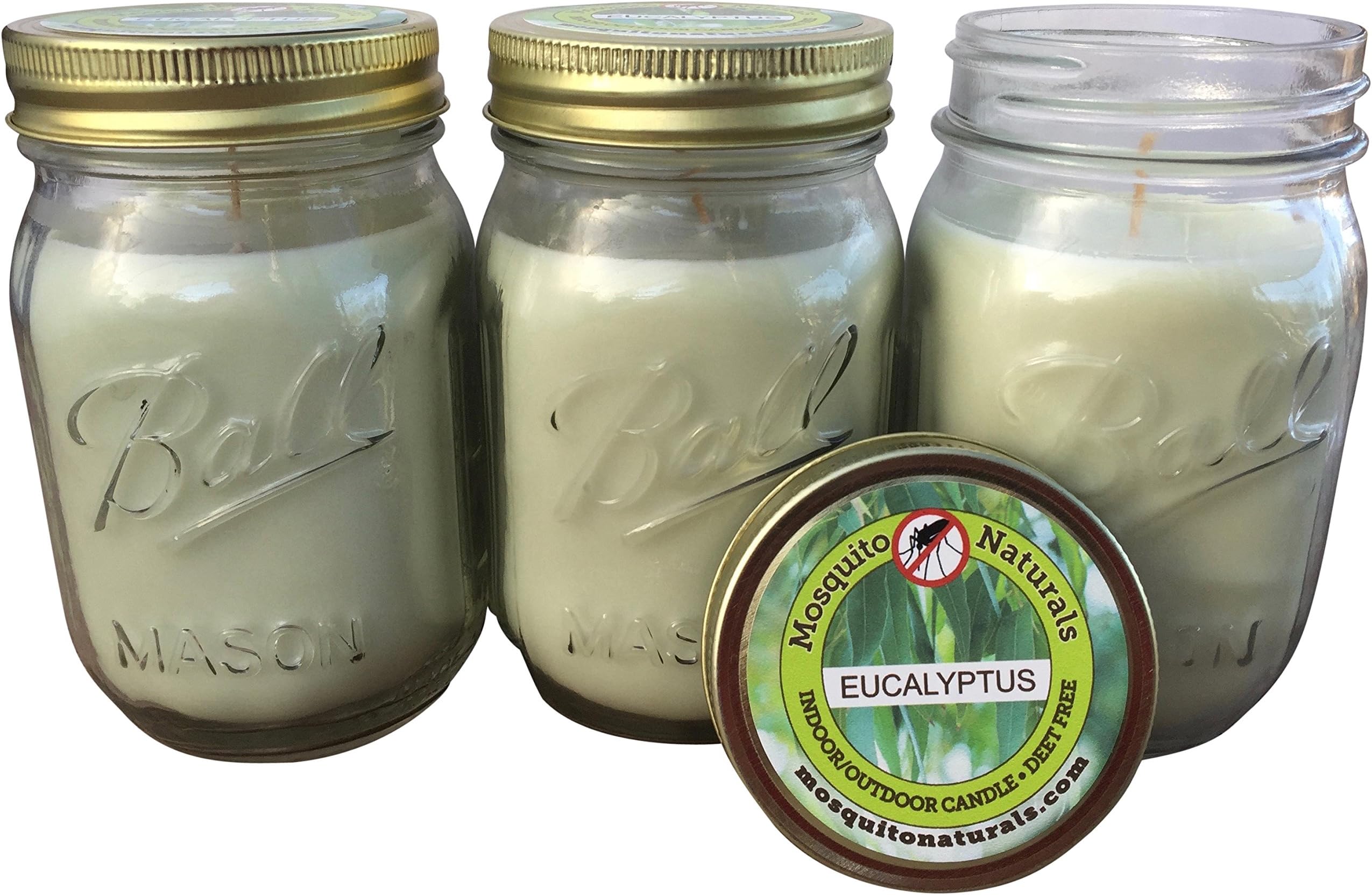Natural Eucalyptus Mosquito Repellent Candle (Set of 3) no Deet - 88 Hour Burn - Naturally Repels Insects with Essential Oils, Indoor/Outdoor, Ball Mason Jar, Citronella Soy, Made in USA