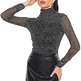 Women's Turtleneck Top Long Sleeve Slim Fit Shirts Mesh Sheer See Through Casual Top