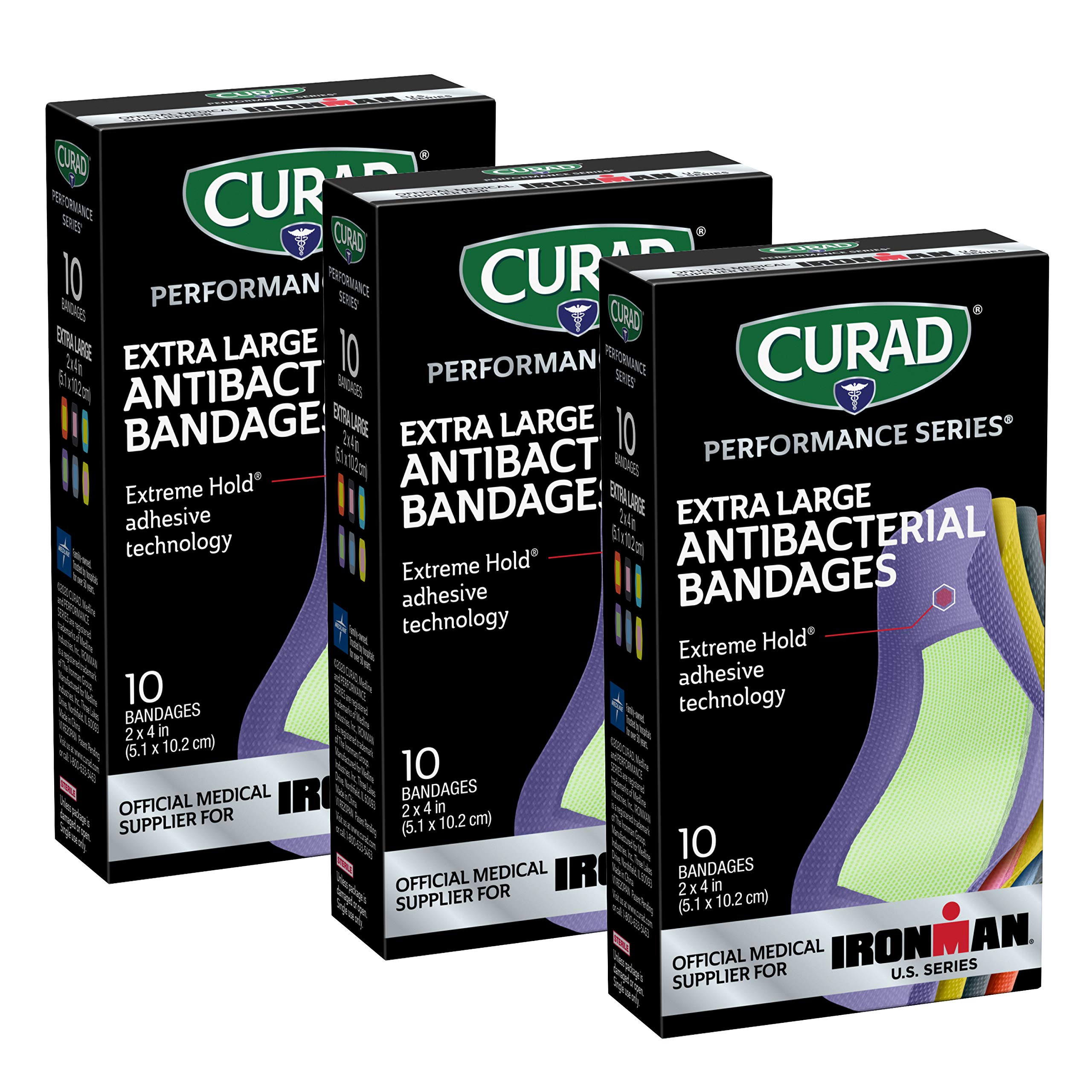 CURAD Performance Series Ironman Antibacterial Bandages, Extreme Hold Adhesive Technology, Extra Large Flexible Fabric Bandages for Cuts, Scrapes, & Burns, Assorted Colors, 2 x 4 inches, Pack of 24 Image