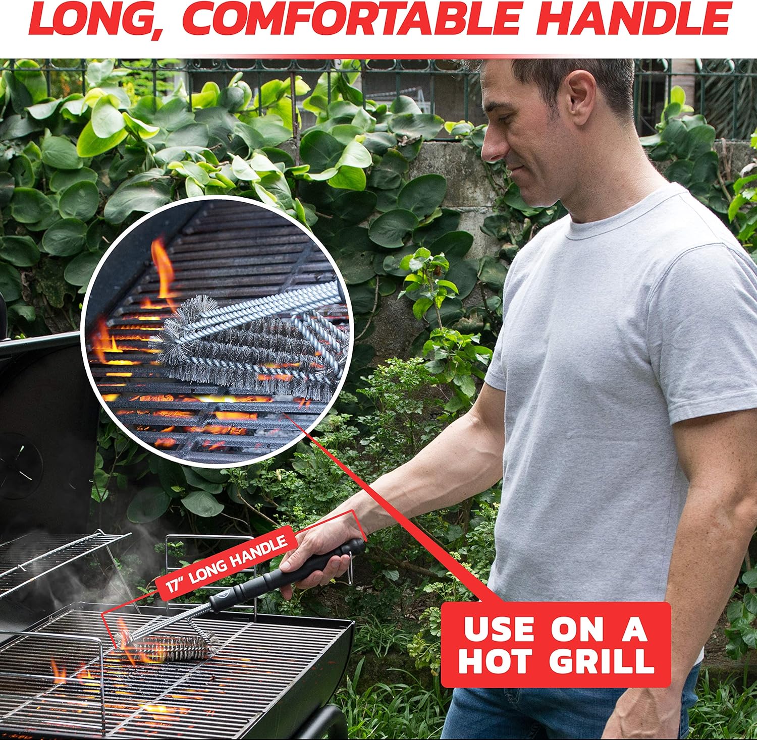 Alpha Grillers 18" Grill Brush. Best BBQ Cleaner. Safe for All Grills. Durable & Effective. Stainless Steel Wire Bristles and Stiff Handle. A for Barbecue Lovers. : Garden & Outdoor