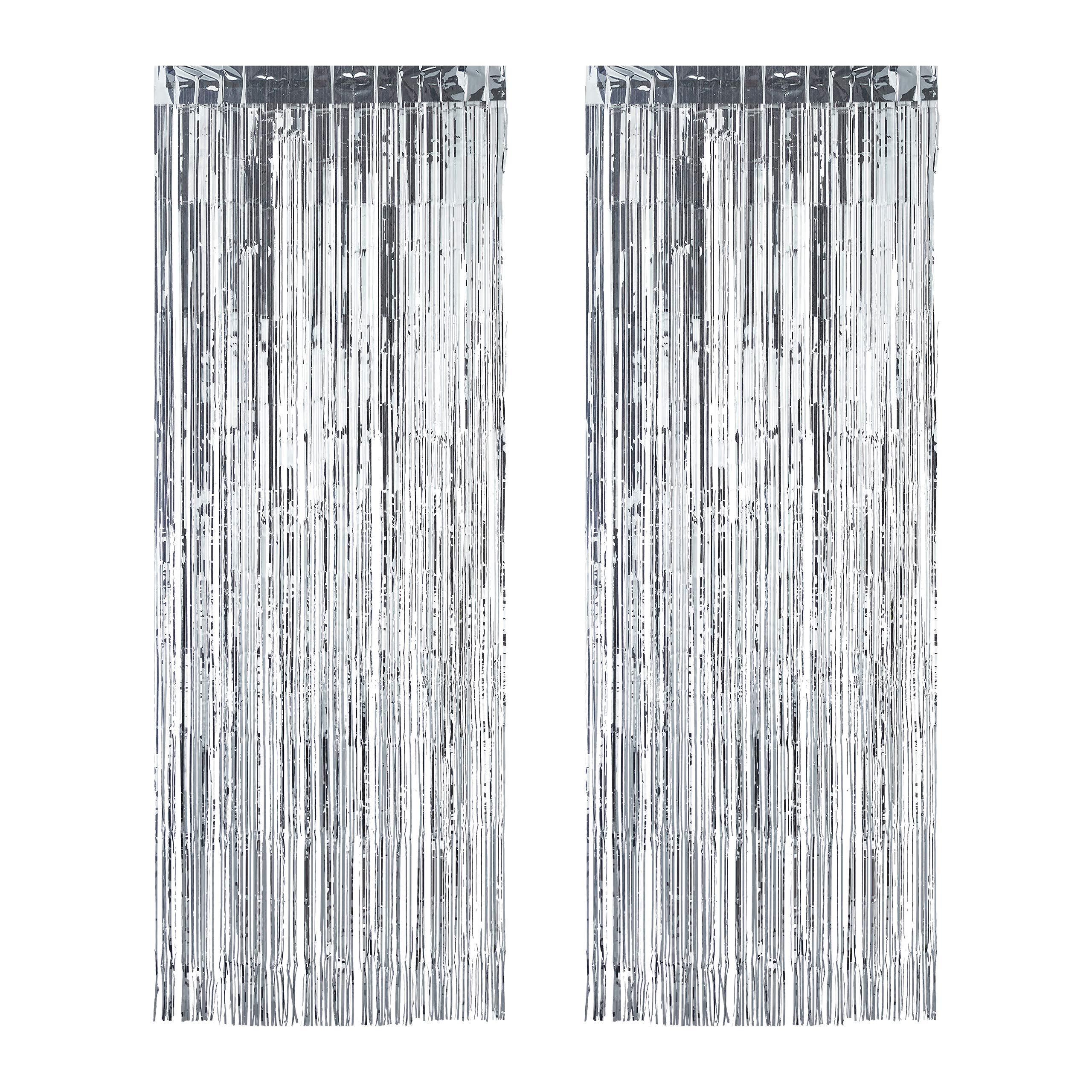 Relaxdays Party Curtain Set of 2, Party Decoration for Birthday & Weddings, Glitter Fringe Drapes, Silver