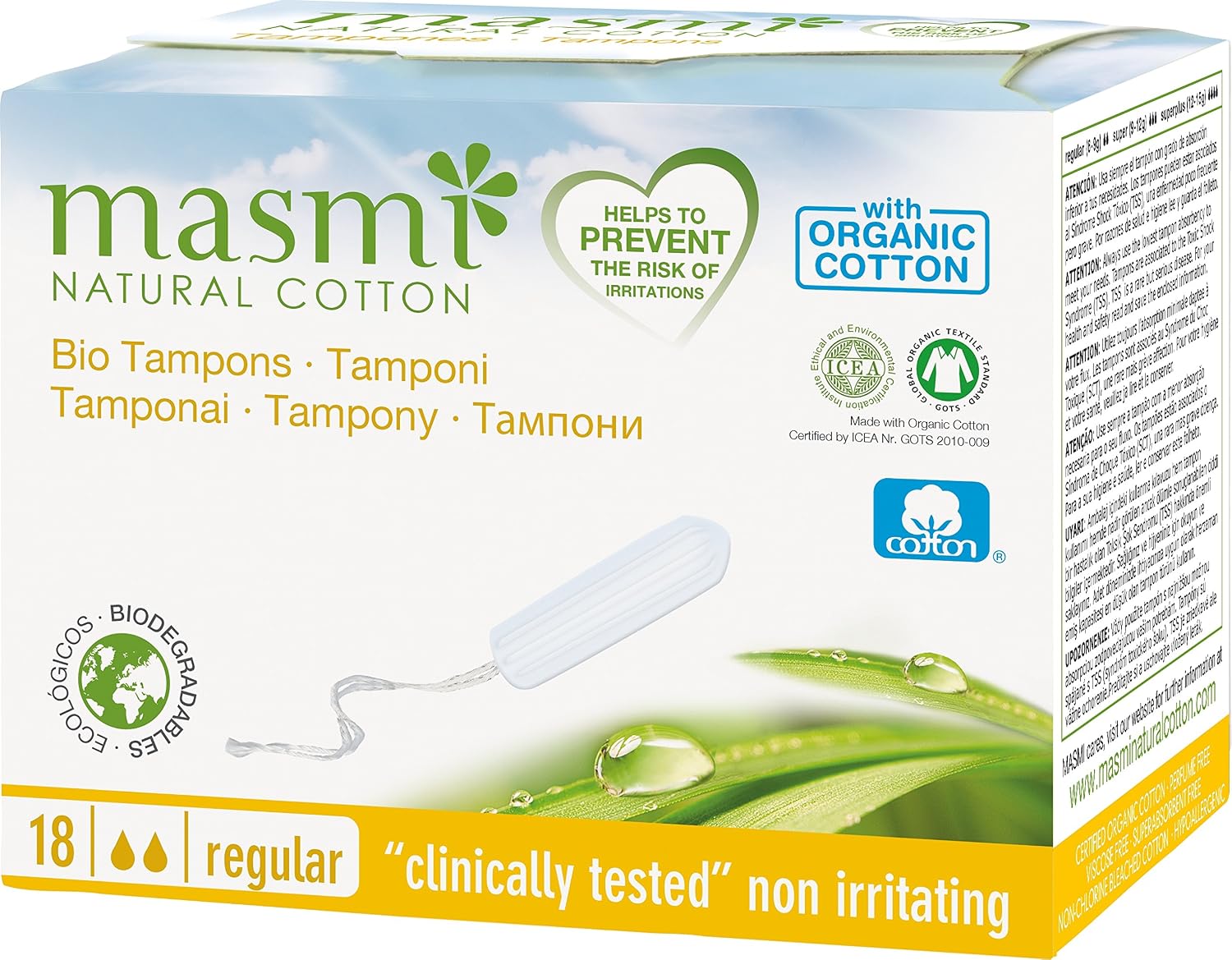 MASMI NATURAL COTTON Organic Tampons Classic (Pack of 18), White, 18 Stück (1er Pack)