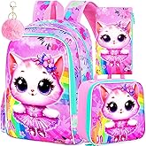 CCJPX 3PCS Cat Backpack for Girls, 16”Kids Ballet Preschool Bookbag with Lunch Box, Cute Ballet Water Resistant School Bag for Elementary Kindergarten Toddler