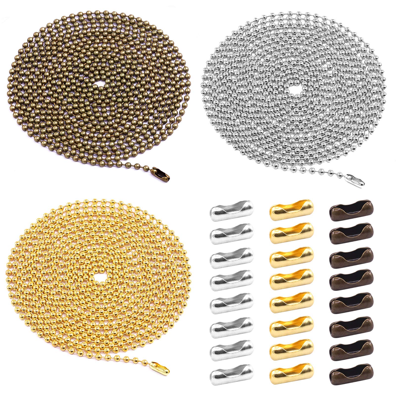 Keadic 93Pieces Beaded Pull Chain Extension with Connector for Ceiling Fan or Light, 10 Feet Ceiling Fan Pull Chain Set including Beaded and Pull Loop Connectors(3.2mm, Bronze, Silver, Gold)