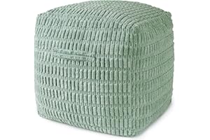 AELS Unstuffed Farmhouse Pouf Cover for Living Room, Boho Storage Bean Bag Cubes, Sage Green Soft Corduroy Plush Sripe Square Ottoman Pouf Foot Rest Footstool, 18"x18"x18", Cover ONLY