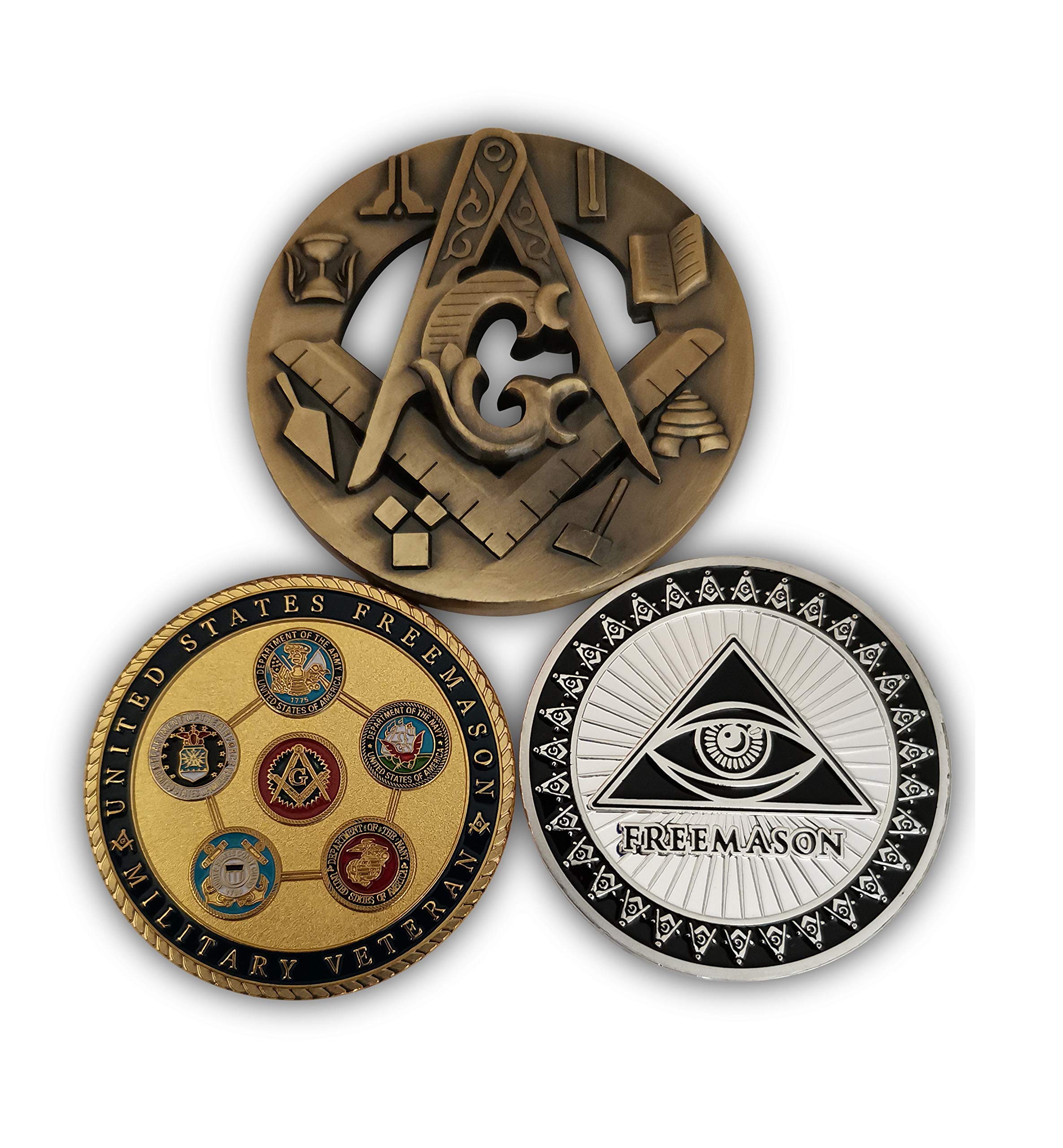 Eillwin Masonic Commemorative Coin Set - 3 Piece Freemasonry Collector Medallions - Square and Compasses Symbolism - Brotherly Love, Morality, Friendship