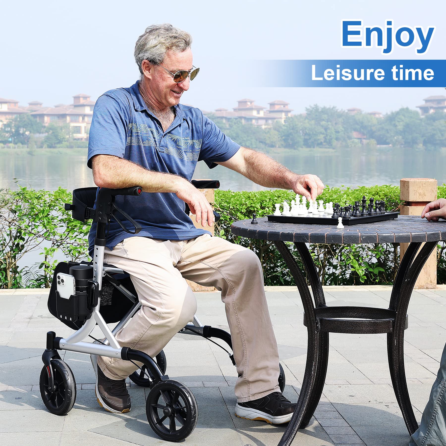 Rollator Walker for Seniors with Cup Holder, Upgraded Thumb Press Button for Height Adjustment, 4 x 8 Wheels Walker with Seat Padded Backrest Folding Lightweight Walking Aid, Silver
