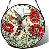 JOSUMALY Stained Glass Window Hanging - Green Hummingbird Red Flower Suncatcher for Door Terrace Garden Home Decor Bird Landscape Sun Catcher Birthday Gifts for Lovers Women Men Dad Mom Nana 6.3 in