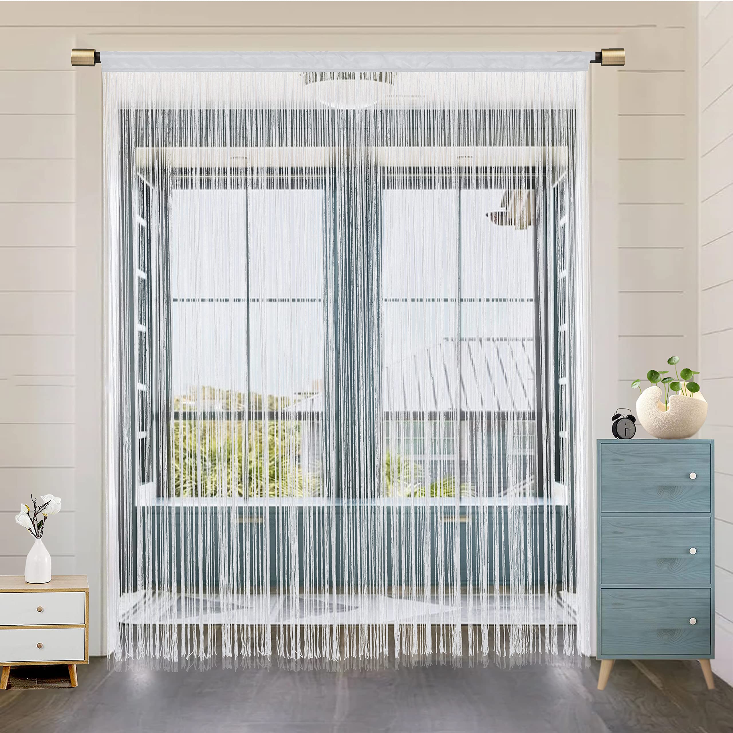 HSYLYM String Door Curtain Window Decorations Room Divider Room Decorations Single Curtain for Window,W96 xL90,White