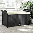 YITAHOME 90 Gallon Outdoor Wicker Storage Bench w/Cushion, Large PE Rattan Deck Storage Box w/Handles & Hydraulics for Patio Furniture, Cushions, Garden Tools, Pool & Sports Equipment, Black&Beige