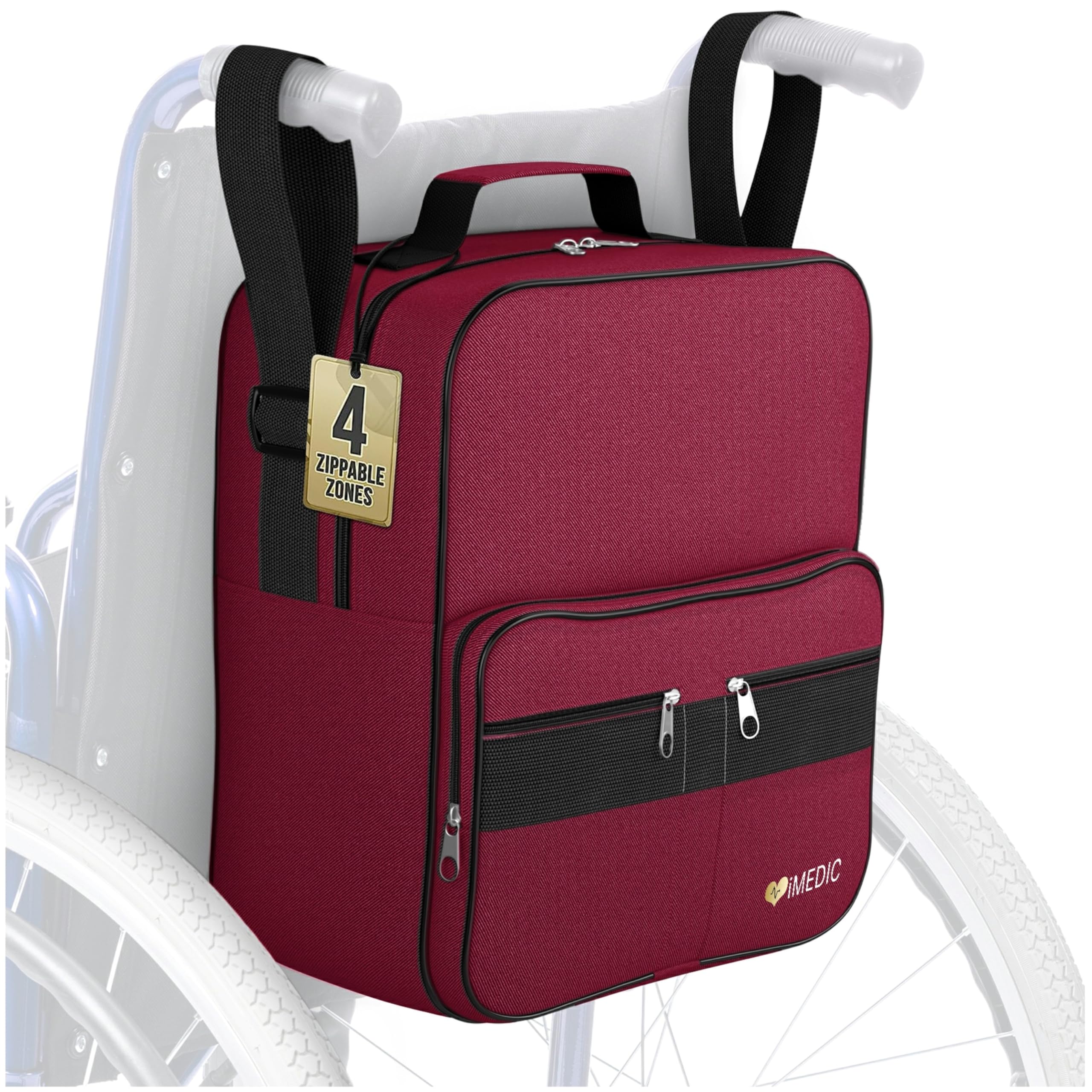 iMedic Deluxe Wheelchair Bag, Wine Wheelchair Backpack for Back of Chair with Dimensions of H37 x W33 x D18cm, Storage Bag for Electric Wheelchairs & Mobility Scooters