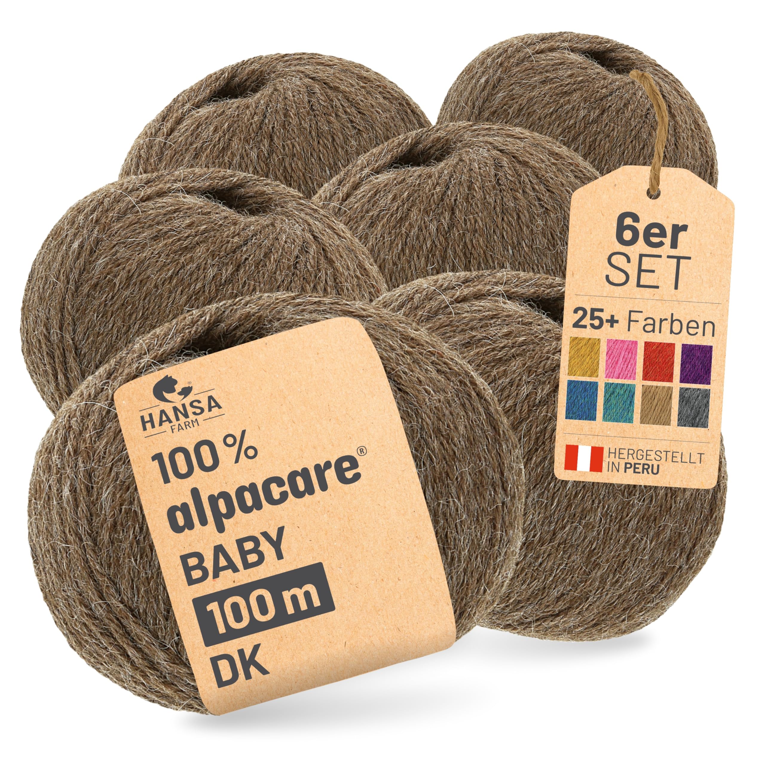 Alpacare 100% Washable Baby Alpaca Wool in 25 Colours - 300 Set DK (6 x 50 g) - The 1st Machine Washable 100% Alpaca Wool - Scratch- Alpaca Wool for Knitting & Crocheting - Brown