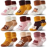 Toddlers Kids Grips Socks Warm Thermal Winter Thick Anti Slip Non Skid Ankle Crew Socks 9 Pairs for Baby Boys Girls Infants
