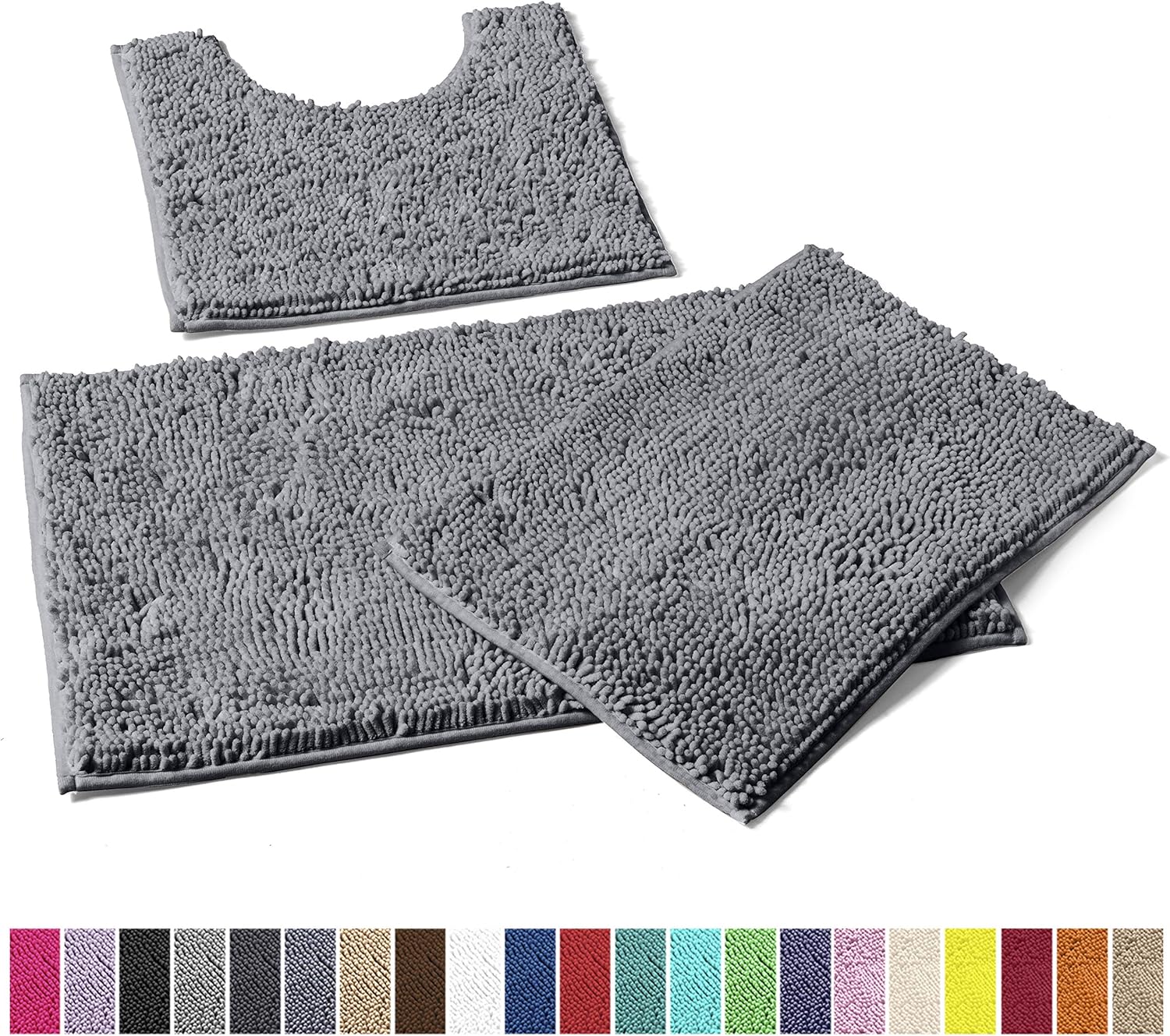 LuxUrux Bathroom Rugs 3 Pieces Set Grey, Non-Slip Shaggy Bathroom Mat Set, Includes U-Shaped Contour Toilet Mat, 20 x 30'' and 16 x 24'' Bath Mat, Machine Washable (3 Pc Set - Style A, Light Grey): Kitchen & Dining
