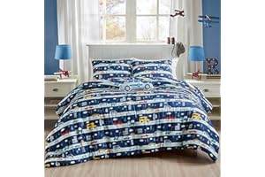 ESCA Kids Police Car Comforter Set Full/Queen Size Blue 4-Piece Kids Bedding with Fun Traffic and Vehicle Print for Boys and Girls