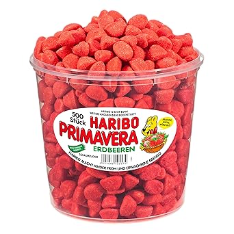 Haribo Primavera Erdbeeren, große Dose - Fruchtgummi - Schaumgummi - Dose mit 500 Stück