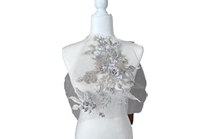 PEPPERLONELY 3D Beaded Flower Sew on Embroidered Lace Applique Wedding Dress Bride's Gown Headdress Adornment DIY Patch Clothing Accessories, 14 x 11 Inches, Silver Gray