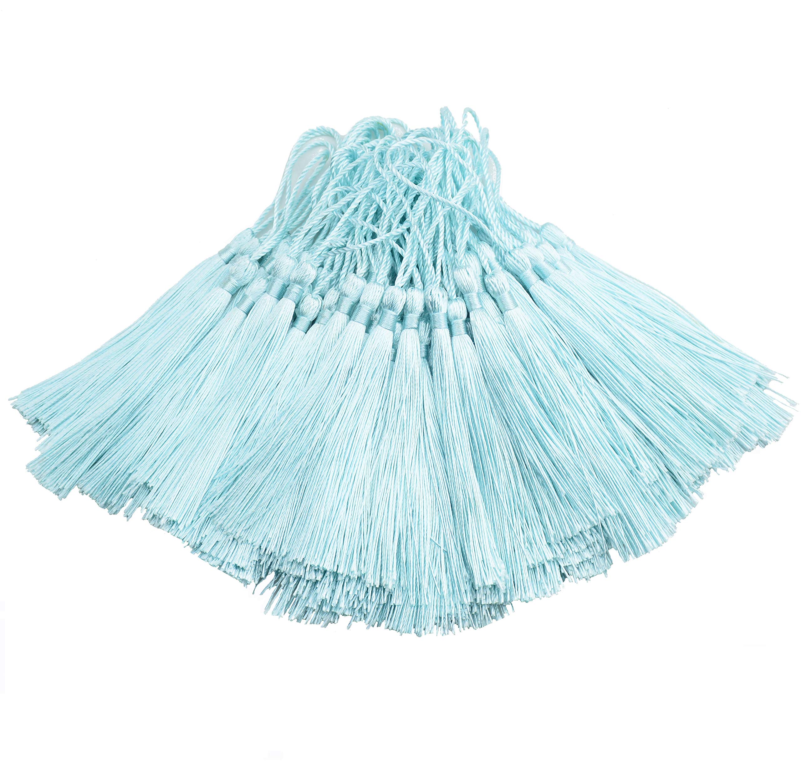 Makhry 100pcs 13cm/5 Inch Silky Floss bookmark Tassels with 2-Inch Cord Loop and Small Chinese Knot for Jewelry Making, Souvenir, Bookmarks, DIY Craft Accessory (Light Blue)