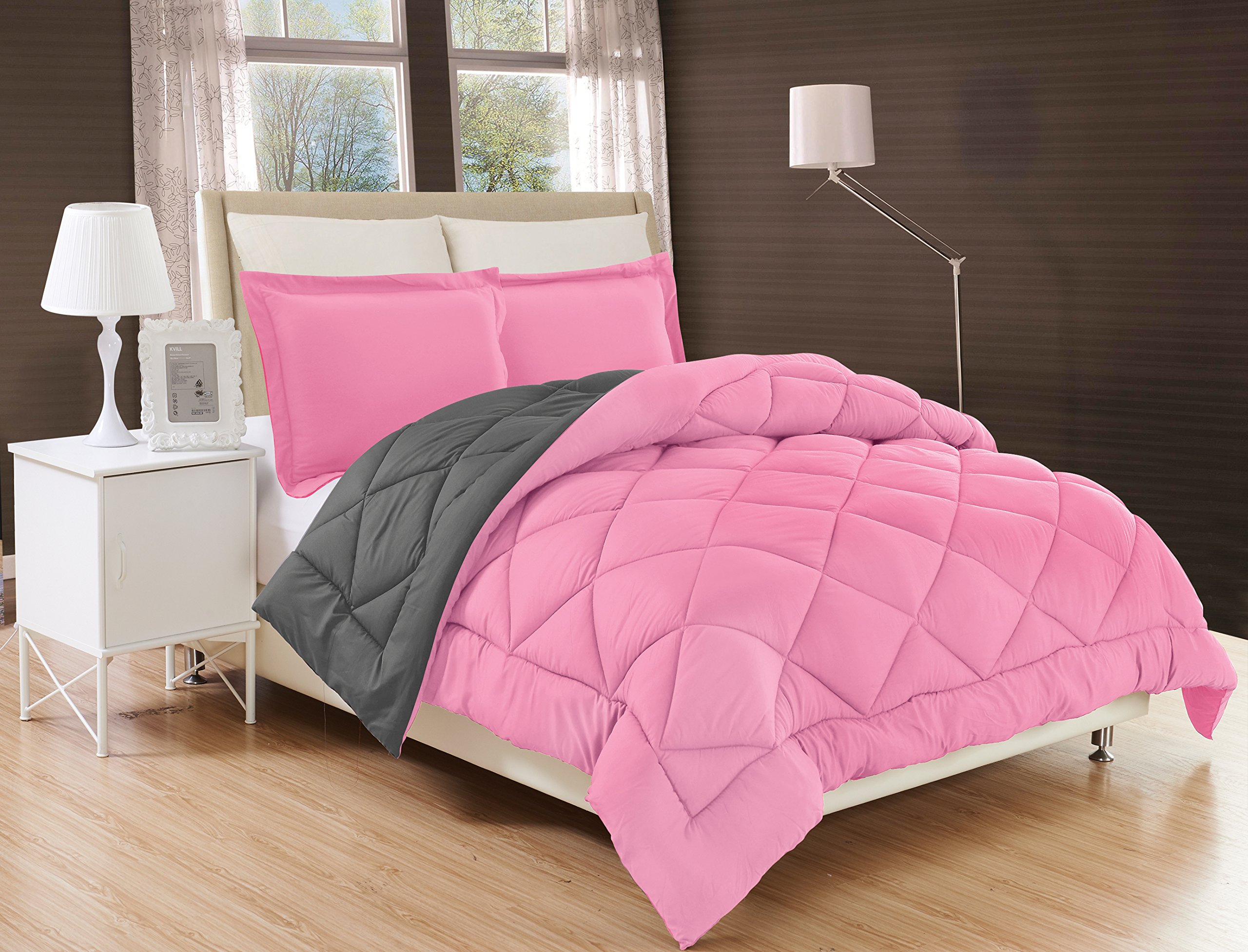 Elegant Comfort All Season Comforter and Year Round Medium Weight Super Soft Down Alternative Reversible 3-Piece Comforter Set, King, Pink/Gray Image