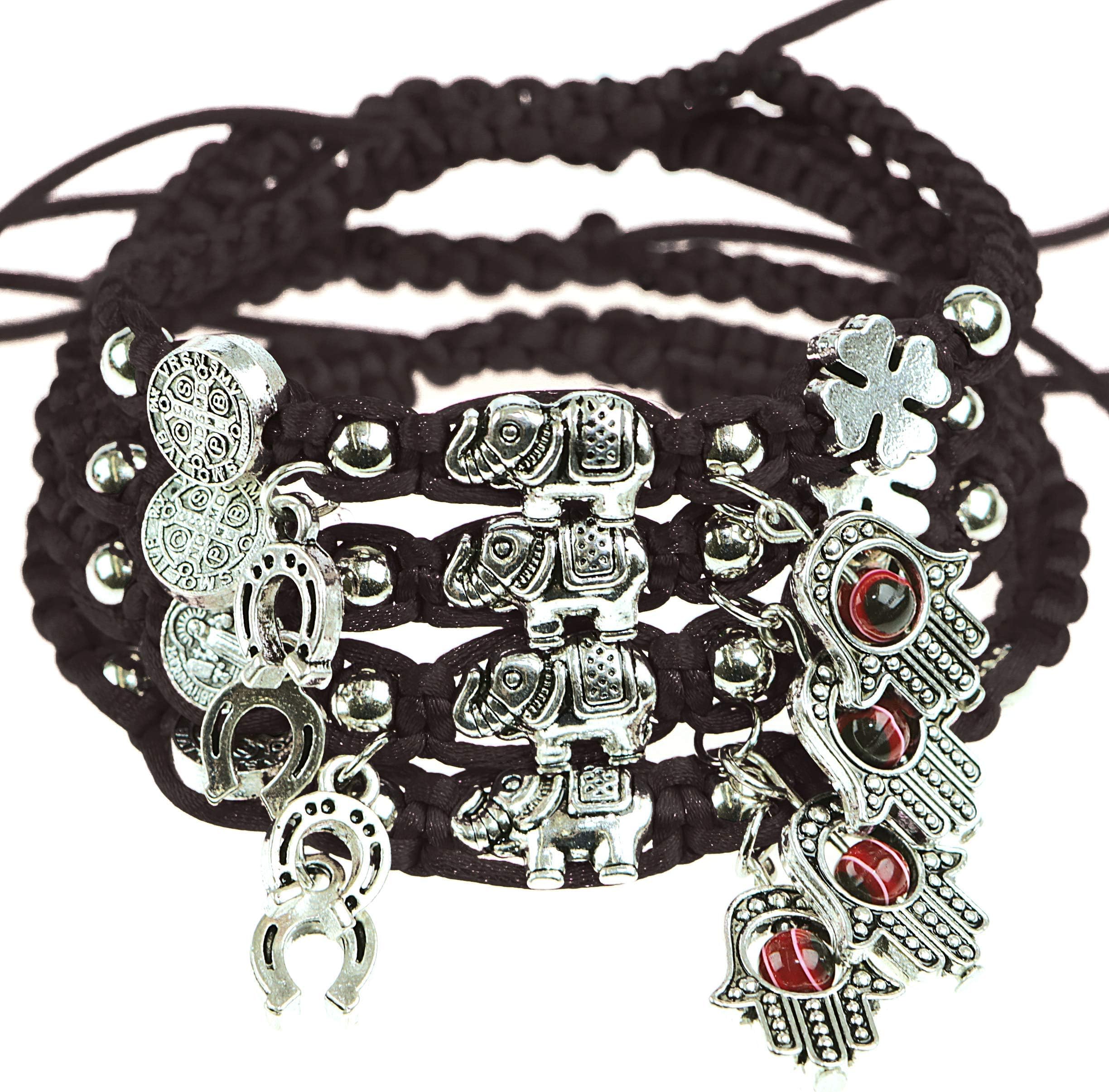 RufnTop 4 pcs Lucky Animal Protection for Kabbalah Medal on Red Cord Braided String Ancient Silver Tone Inspirational Breathe Bracelet Evil Eye, 8 Inch Blessing, Hand-Made