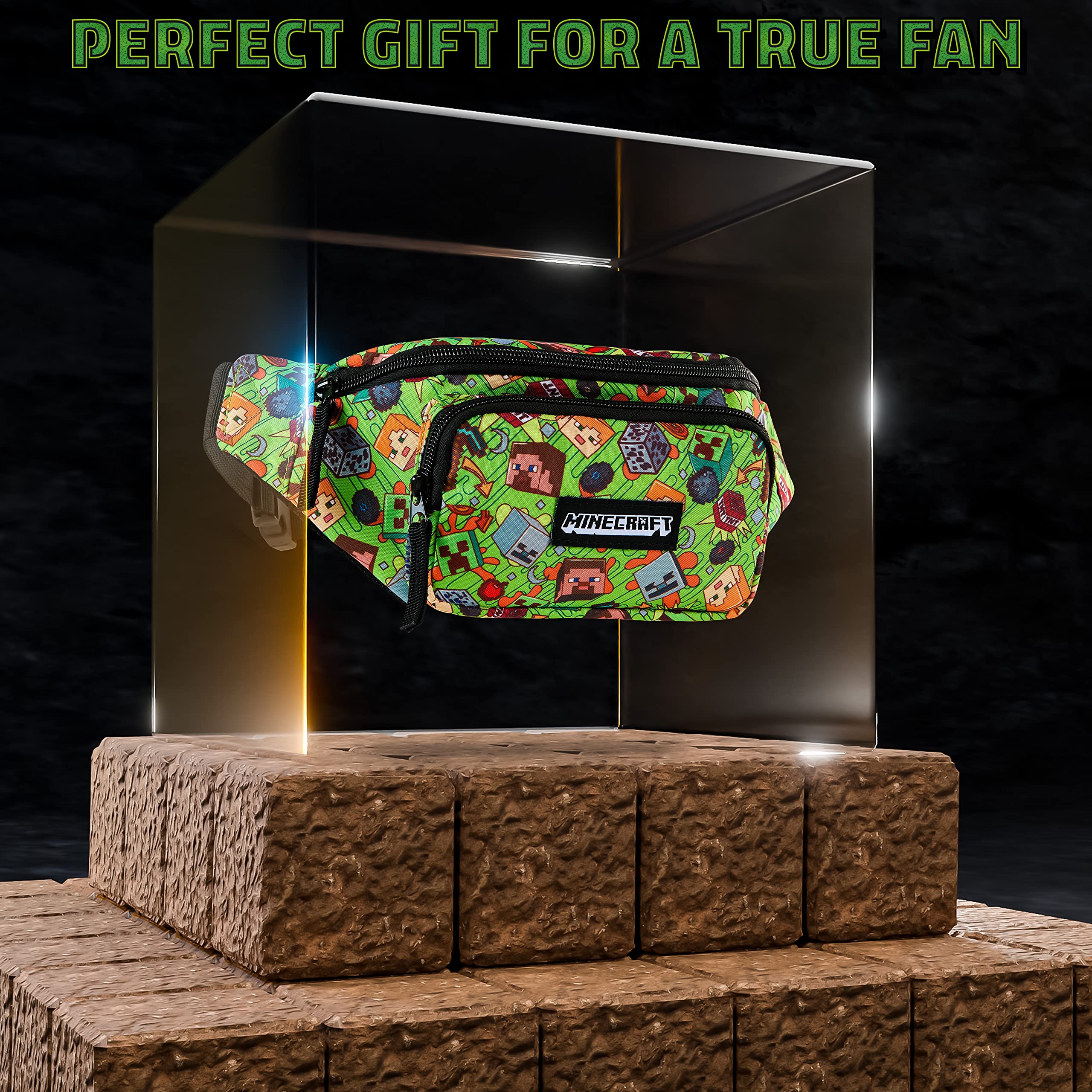 Minecraft Boys Fashion Waist Pack with Adjustable Strap, Creeper Travel Bag - Gamer Gifts (Multi)