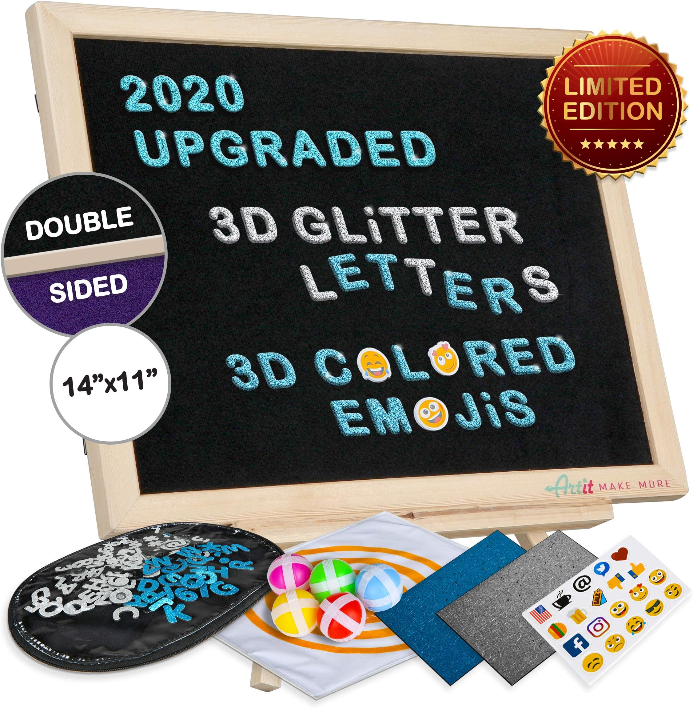 2020 Upgraded Felt Letter Board Set 11x14' Double Sided Black Purple Changeable Message Sign Board with 3D Glitter Characters, Colored Emojis, Removal Dartboard Game, Wooden Frame, Stand and Gift Box