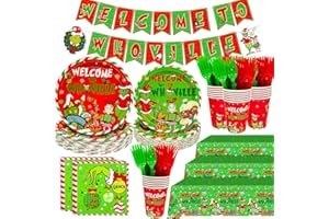 TENTAQUIL 203Pcs Whoville Christmas Decorations Welcome To Whoville Banner Paper Plates Green Table Cloth Green Napkins Forks for Christmas Party Supplies