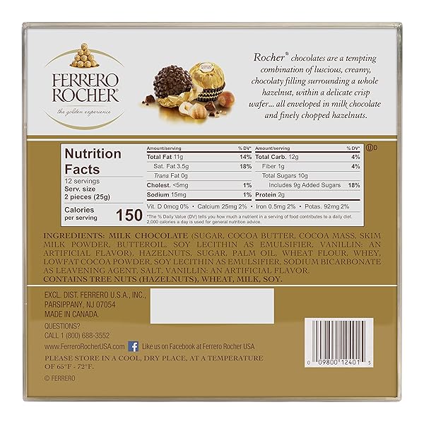 FERRERO ROCHER GOURMET HAZELNUT MILK CHOCOLATE GIFT BOX, 24 INDIVIDUALLY WRAPPED TREATS, 10.6 OZ