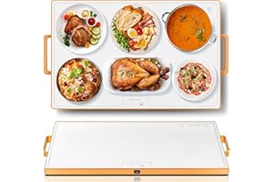 HUDETEX Electric Warming Tray（Large 24"x16"），Food Warmer with Thermostat and Full Surface Heating，Food Warming Mat with 2 Temperature Modes for Parties Buffet，Gatherings，Gold Edge Handles Warming Mat for Food