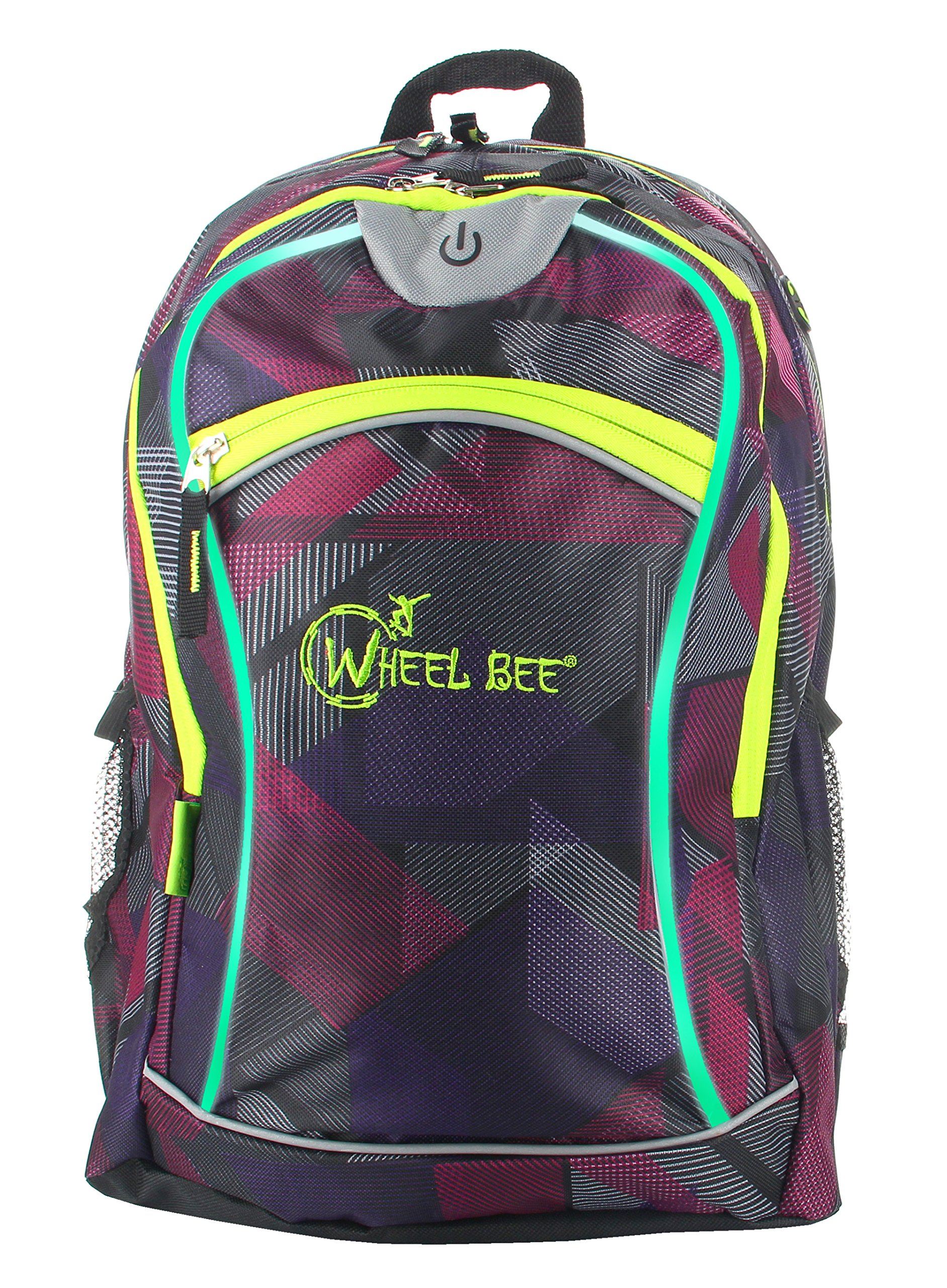 Wheel-Bee Backpack, Design: Purple, with integrated LED light (green) and reflective strips, school backpack, daypack, backpack, visibility in the dark, 30 liters, 950004