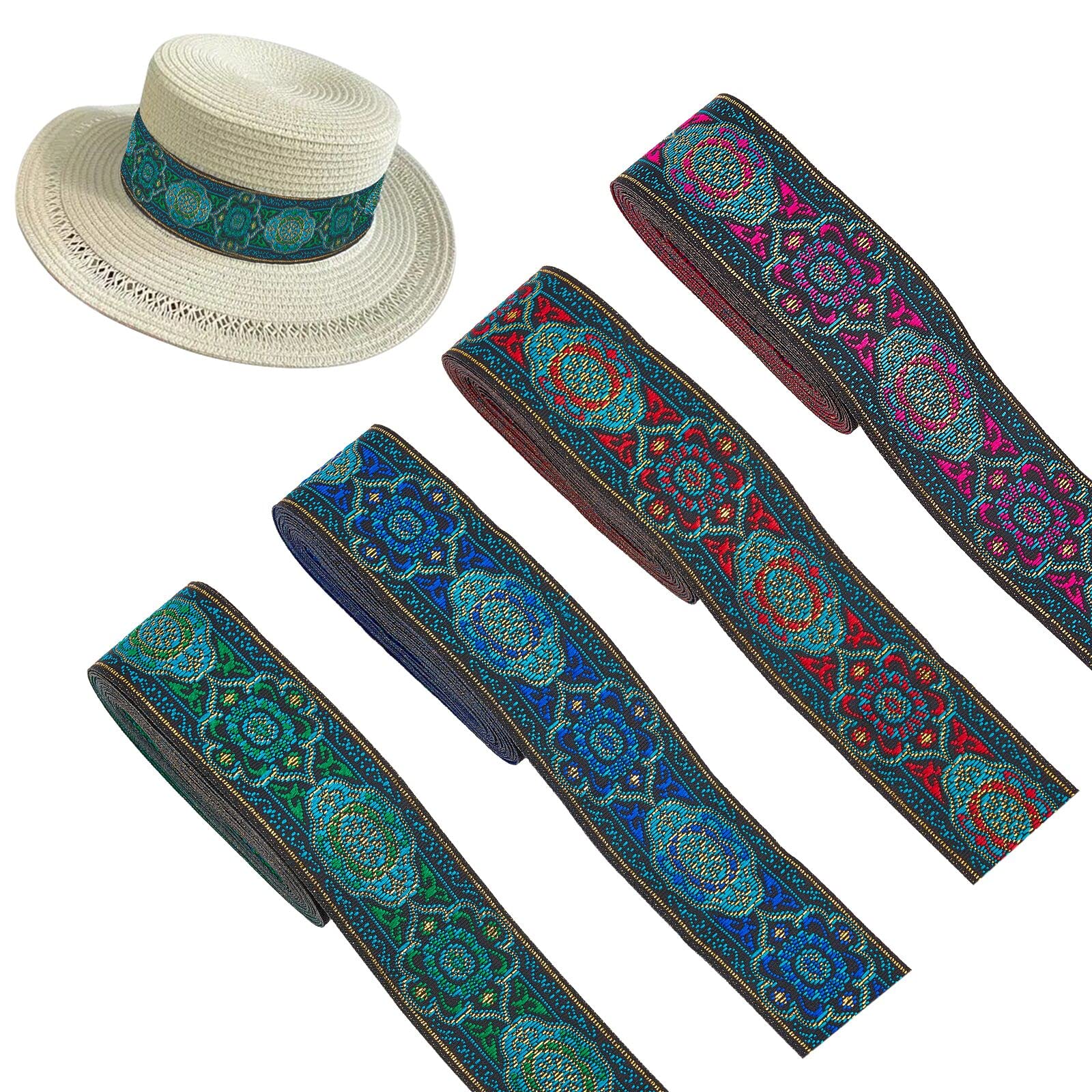 FINGERINSPIRE 4 Pcs 15 Yard Vintage Jacquard Ribbon 33mm Metallic Palmette Fabric Trim Fringe Floral Emobridered Woven Ribbon for DIY Clothing Accessories Decorations (Green, Blue, Pink, Red)