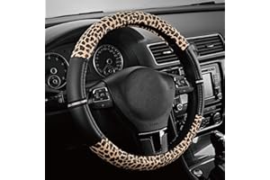 Road Comforts Leopard Steering Wheel Cover - Made with PVC Leather Cheetah Print - Anti-Slip, Universal Fit 14 1/2 inches to 15 inches - Black