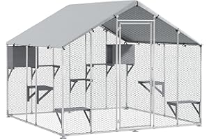 PawHut Catio Outdoor Cat Enclosure, 94.5" Extra Large Walk-in Cat House with Waterproof Cover, 2 Resting Boxes, 7 Jumping Platforms, Chicken Run Coop, Rabbit Hutch, Feral Cat Shelter for Multiple Cats