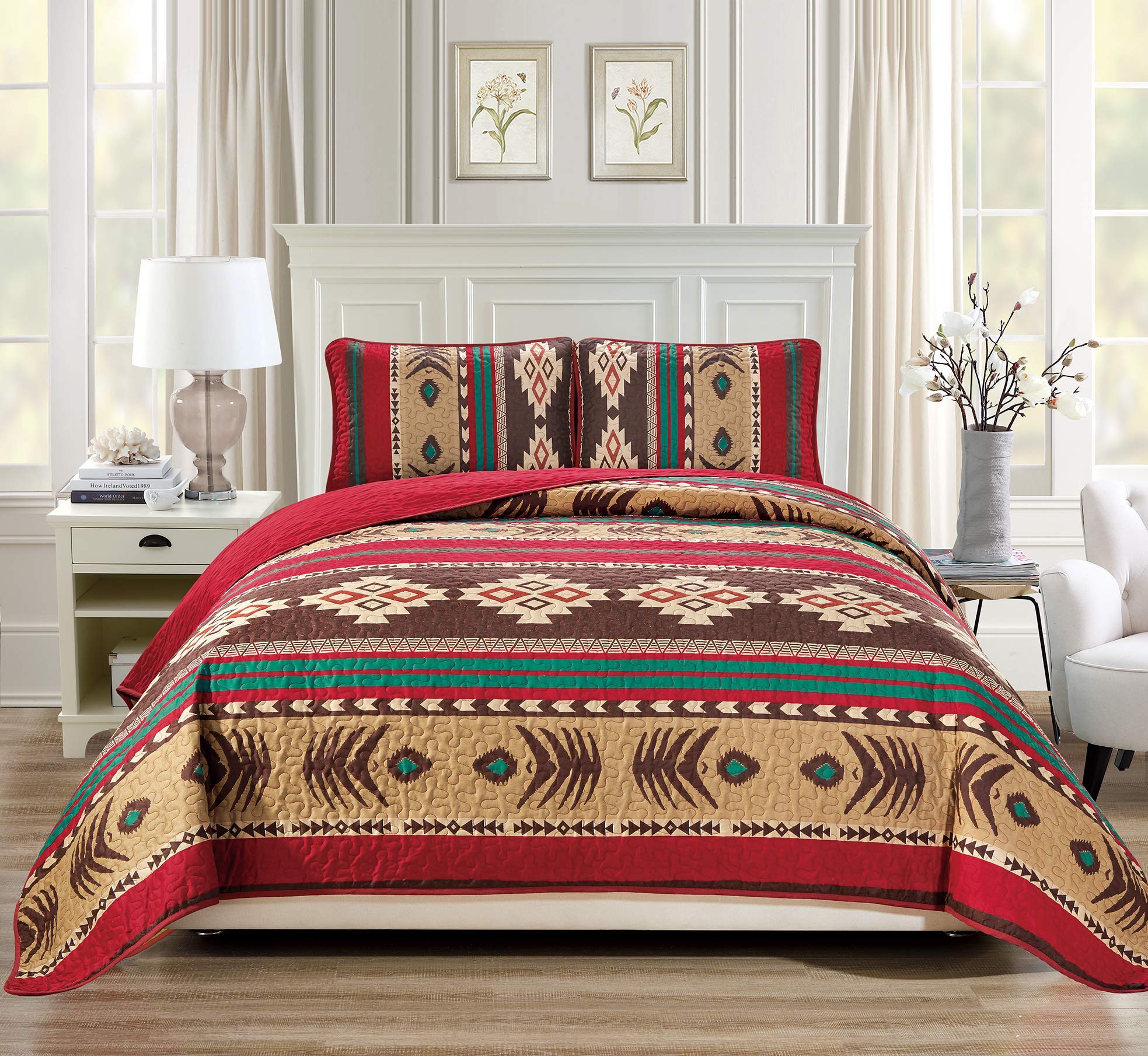 Rugs 4 Less Western Southwestern Native American Tribal Navajo Design Quilted Bedspread in Brown Green and Burgundy Mojave (Twin)