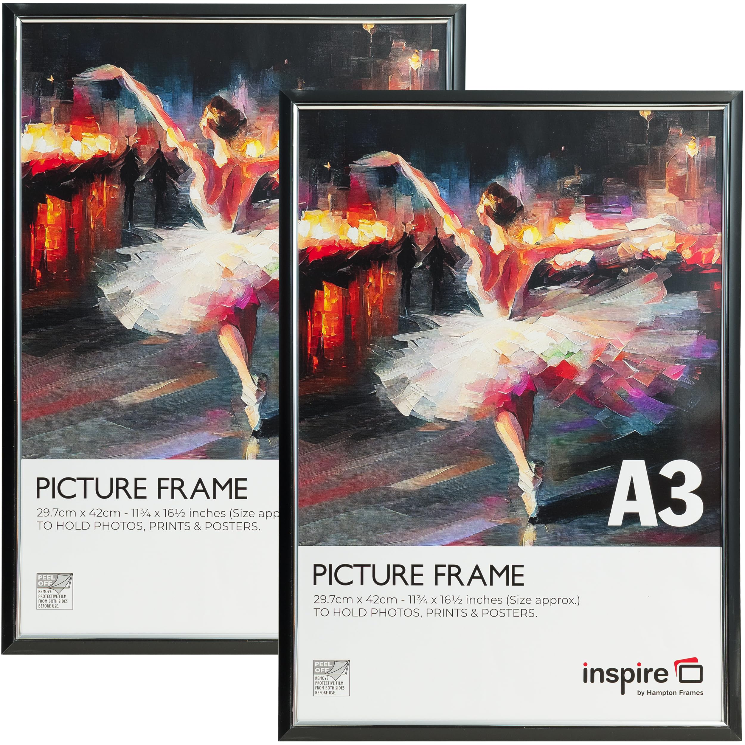 inspire by Hampton Frames | Picture Poster Frame 2-Pack | A3 (30x42cm), Black, Plastic, Foil Wrapped | Acrylic Non-Glass Front, Wall Mount, Drop-In Back | For Photo, Certificate Display