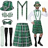 Mizelu 7 Pcs St. Patrick's Day Plaid Kilt Costume Set, Irish Green Plaid Kilt Suspenders Kit Includes Bucket Hat Bow Tie Glasses Socks Beads for St. Patrick Day Party Decor Outfit Accessories