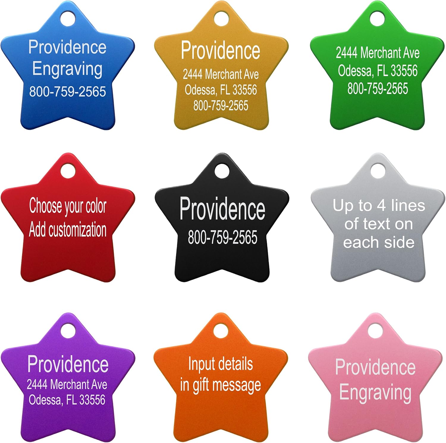 Providence Engraving Pet ID Tags in 8 Shapes, 8 Colors, and Two Sizes - Personalized Dog Tags and Cat Tags with 4 Lines of Customizable Text Available in 8 Shapes and Colors : Pet Supplies