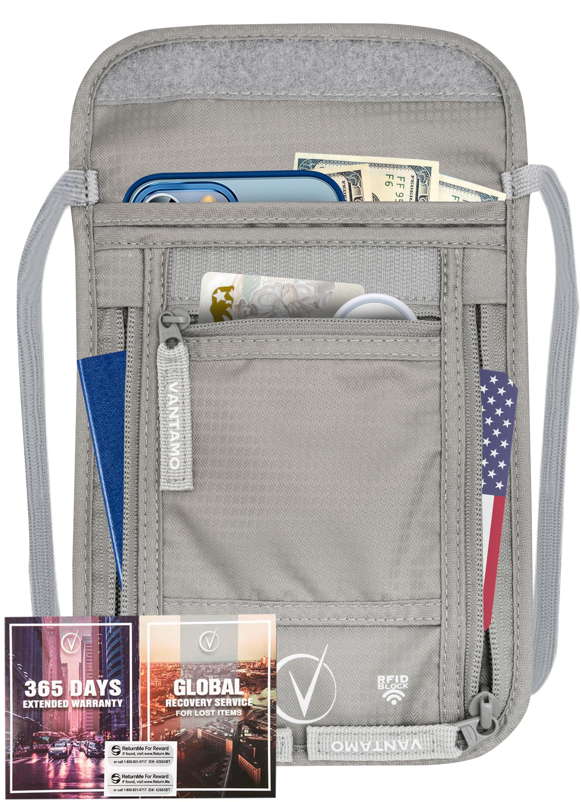 Vantamo Premium Neck Wallet for Traveling, RFID Protected Passport Bag Fits Documents, Cash and Phone, Lightweight & Consealed Travel Wallet and Document Holder for Men & Women with Adjustable Strap