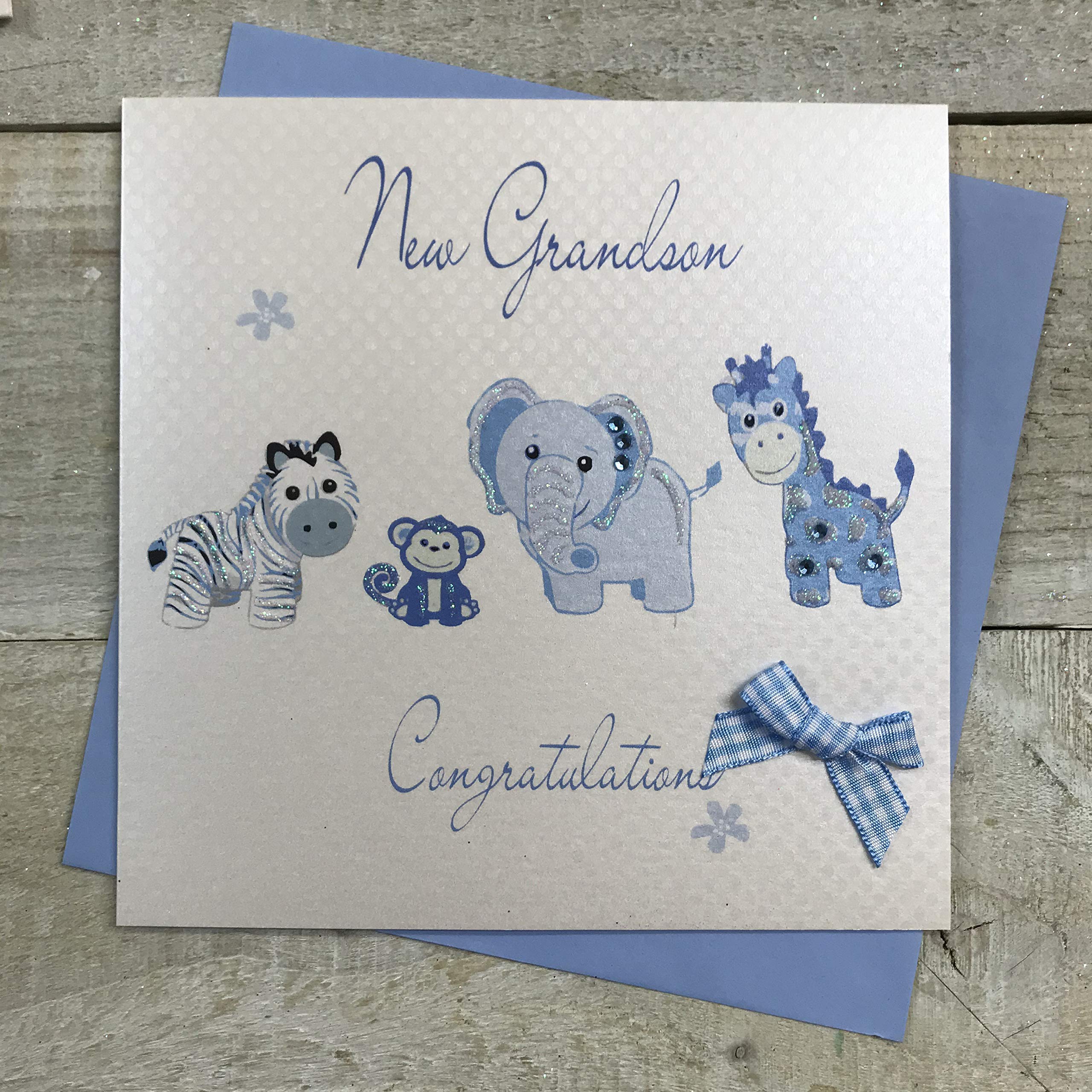 white cotton cards "New Grandson Congratulations Handmade Card, White, WS30A