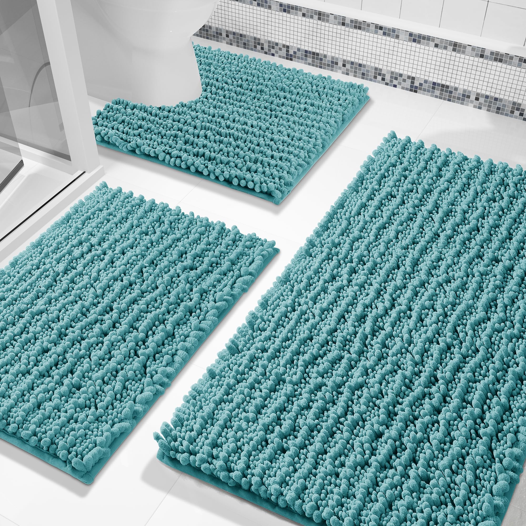 Yimobra Bathroom Rug Set 3 Piece - Super Absorbent Quick Dry Chenille Bath Mats & Toilet Rug, Non Slip Machine Washable, Extra Thick Shaggy Floor Mat for Shower Tub Sink, Teal Blue