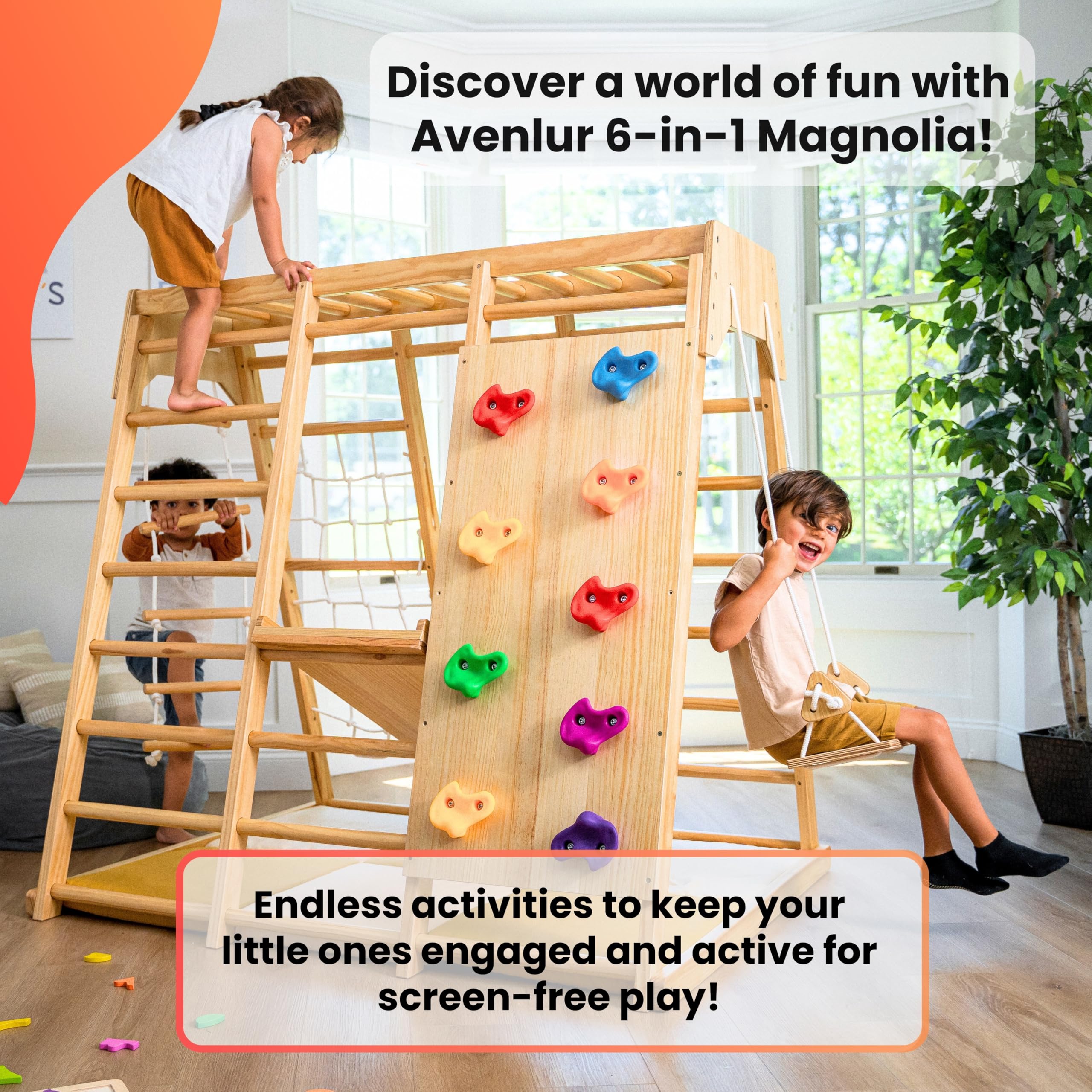 Avenlur Indoor Playground Jungle Gym – Magnolia 6-in-1 Montessori Wooden Indoor Playground for Kids & Toddlers Ages 2-6 – Waldorf Toys, Rope Ladder, Indoor Swing, Baby Slide, Rock Climbing Wall, More