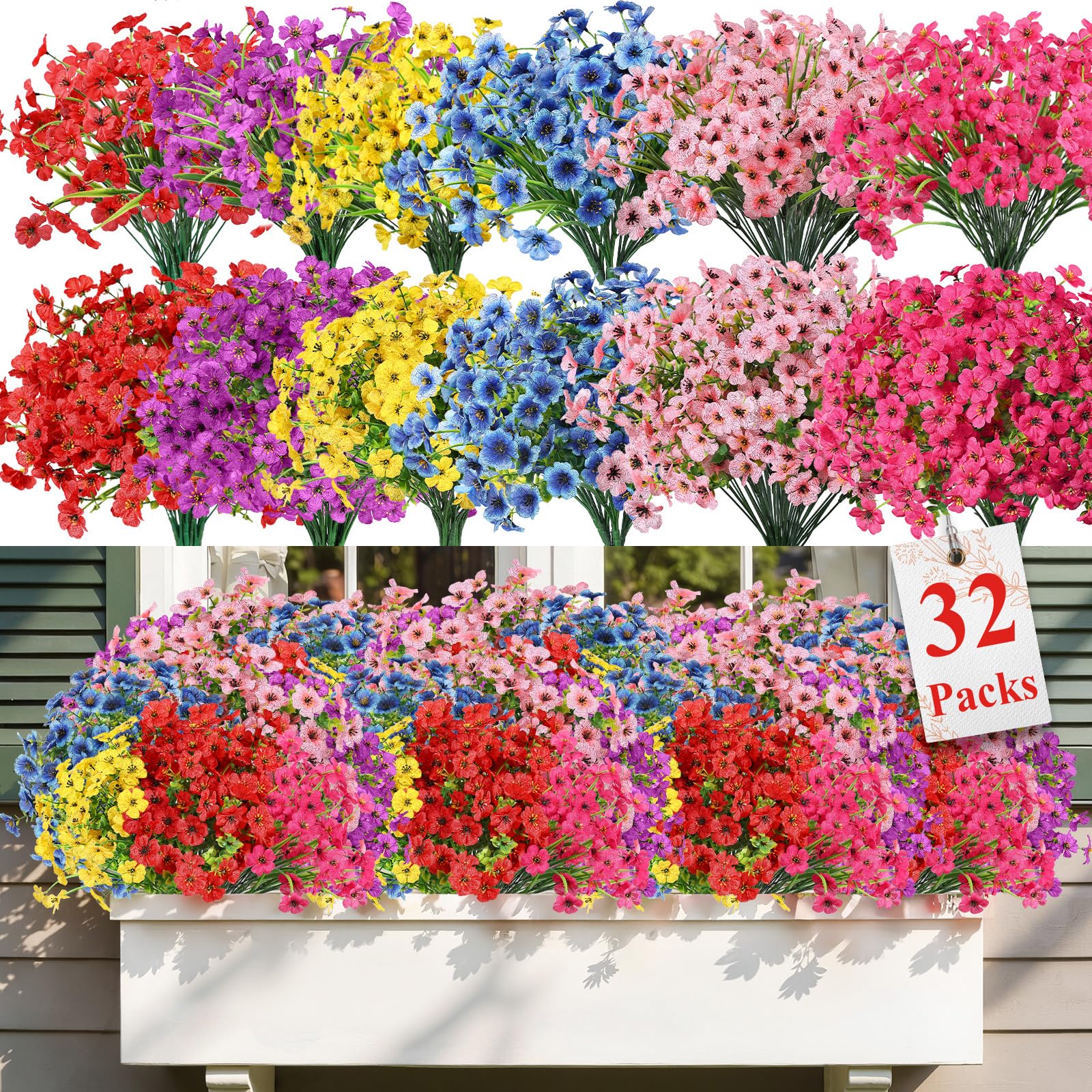 Alupssuc 32 Bundles Artificial Flowers for Outdoors Decoration, UV Resistant Silk Faux Floral Spring Fake Plastic Plants Greenery for Outside Indoor Home Garden Porch Window Box Decor, Mix 6 Colors Image
